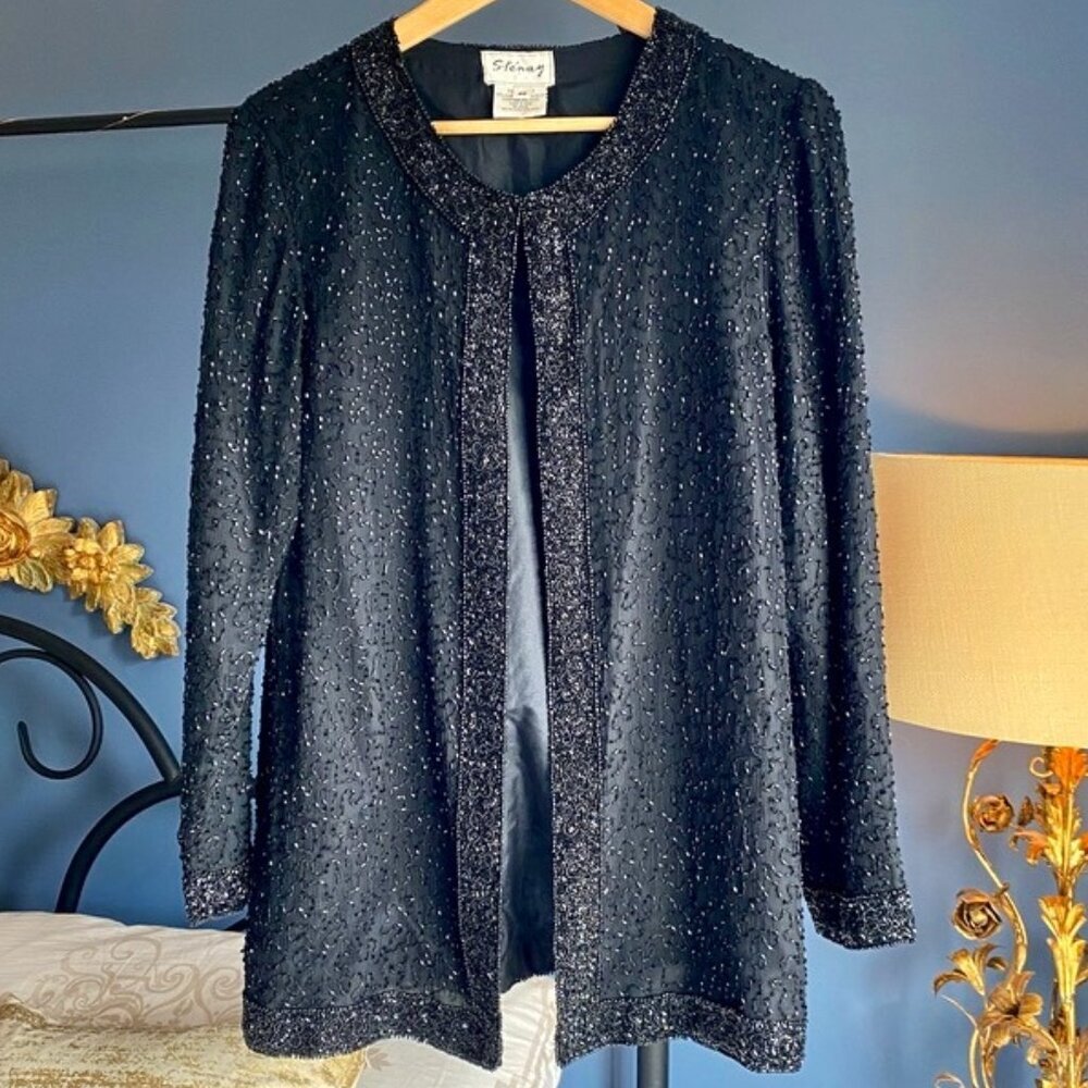 Vintage 80s Stenay 100% Silk Black Beaded Evening Opera Jacket